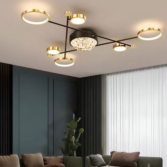 Lustra LED cu telecomanda si cristal MISEL 138W, 7 Elemente, lumina Rece/Calda/Neutra, Dimabila, Negru Auriu