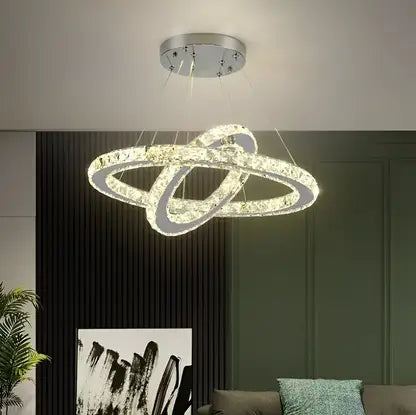 Lustra LED cu telecomanda si cristal PRISM LUMINIS 55W, 2 Cercuri, lumina Rece/Calda/Neutra, Dimabila, Argintiu, Inaltime Reglabila