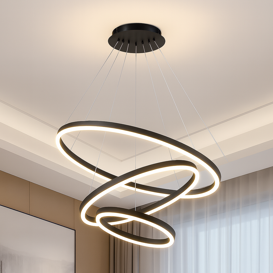 Lustra LED suspendata cu telecomanda CASIANA 85W, 3 Cercuri, lumina Rece/Calda/Neutra, Dimabila, Negru, Inaltime Reglabila