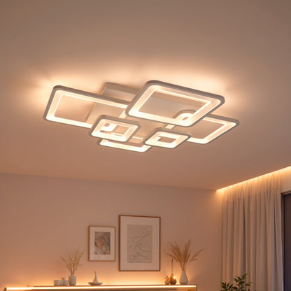 Lustra LED cu telecomanda ELLA 119W, 6 Patrate, lumina Rece/Calda/Neutra, Dimabila, Alb