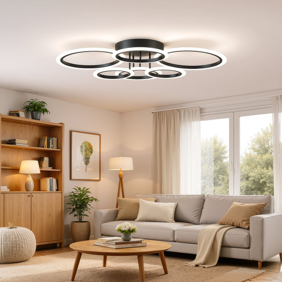 Lustra LED cu telecomanda BETTY 82W, 6 Cercuri, lumina Rece/Calda/Neutra, Dimabila, Negru