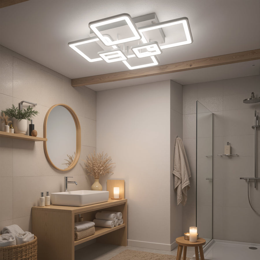 Lustra LED cu telecomanda ELLA 119W, 6 Patrate, lumina Rece/Calda/Neutra, Dimabila, Alb