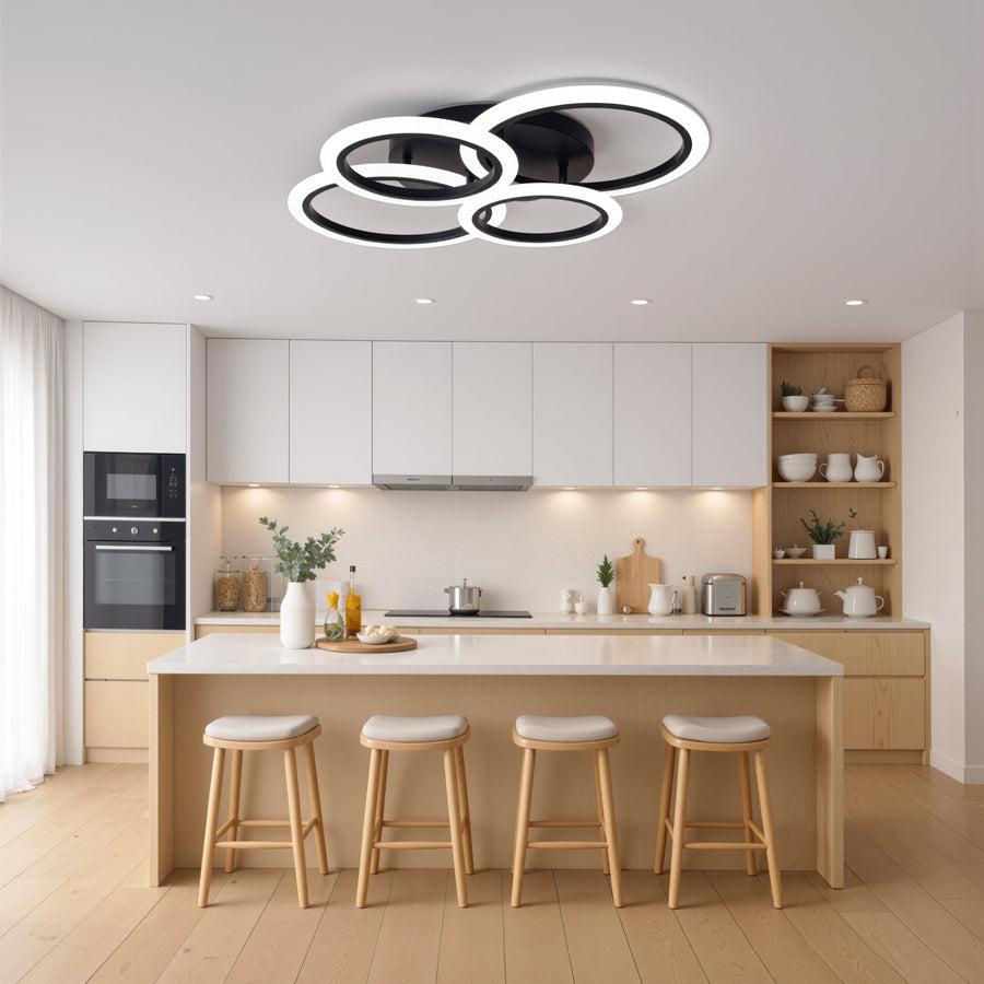Lustra LED cu telecomanda BETTY 43W, 4 Cercuri, lumina Rece/Calda/Neutra, Dimabila, Negru