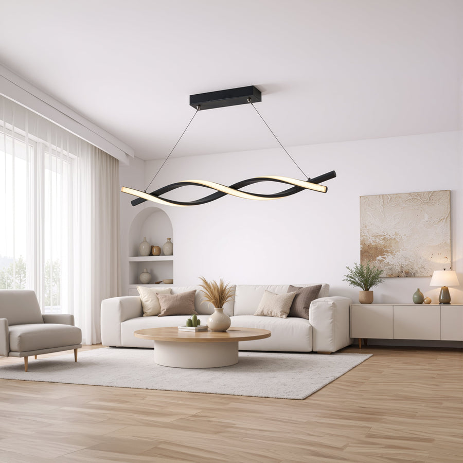 Lustra LED Suspendata cu Telecomanda, FLUX, 27W, 116cm, Lumina Rece/Calda/Neutra 3000K/4000K/6000K, Dimabila, Negru, Inaltime Reglabila, Metal si Silicon