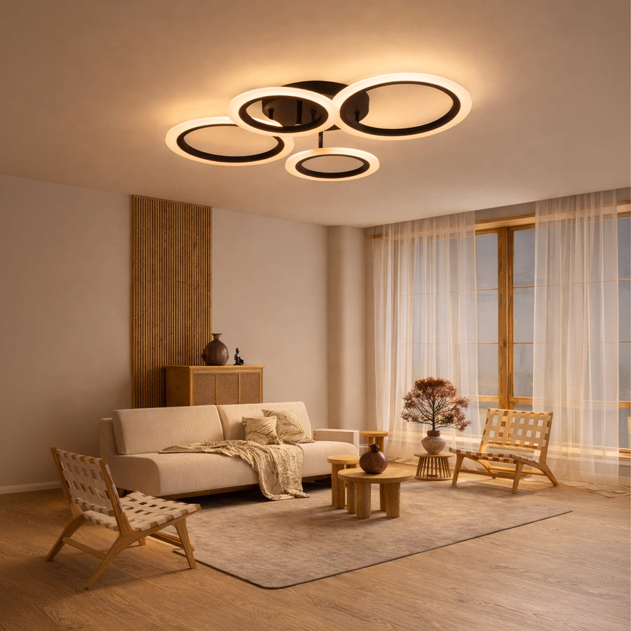 Lustra LED cu telecomanda BETTY 43W, 4 Cercuri, lumina Rece/Calda/Neutra, Dimabila, Negru