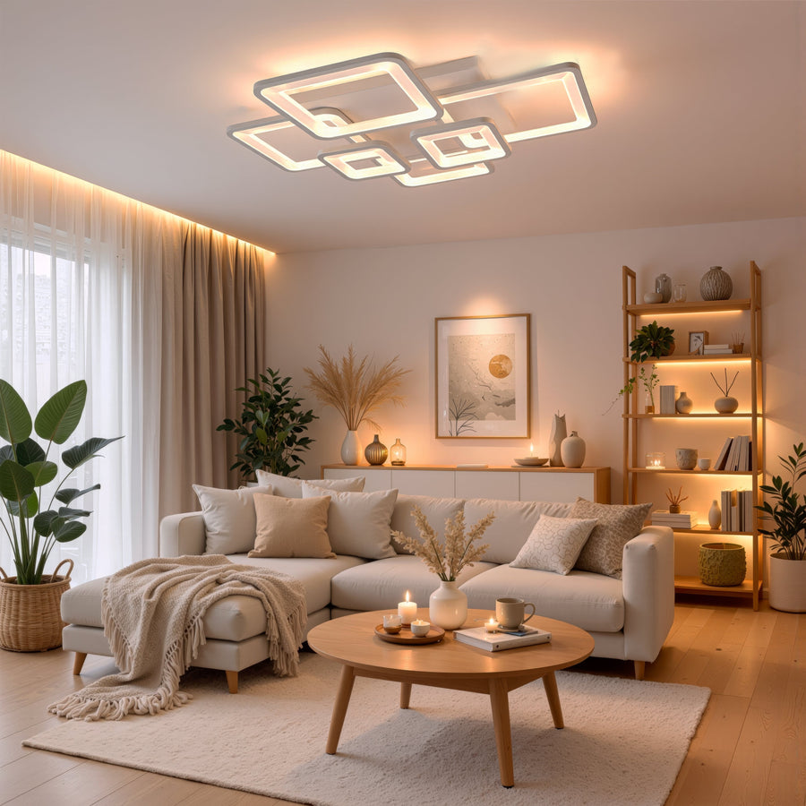 Lustra LED cu telecomanda ELLA 119W, 6 Patrate, lumina Rece/Calda/Neutra, Dimabila, Alb