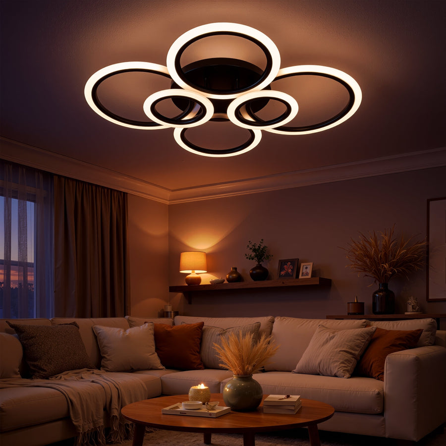 Lustra LED cu telecomanda BETTY 82W, 6 Cercuri, lumina Rece/Calda/Neutra, Dimabila, Negru