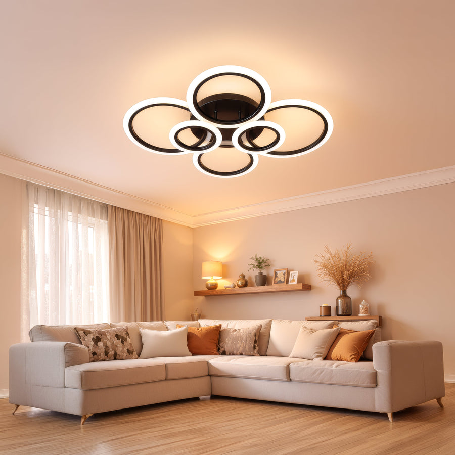 Lustra LED cu telecomanda BETTY 82W, 6 Cercuri, lumina Rece/Calda/Neutra, Dimabila, Negru