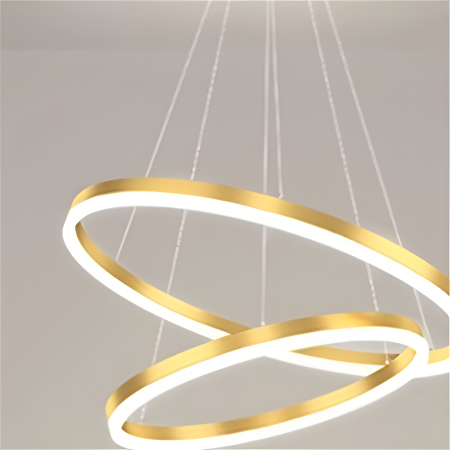 Lustra LED suspendata cu telecomanda ELIZABETH, 85W, 3 Cercuri, lumina Rece/Calda/Neutra, Dimabila, Auriu Lucios, Inaltime Reglabila