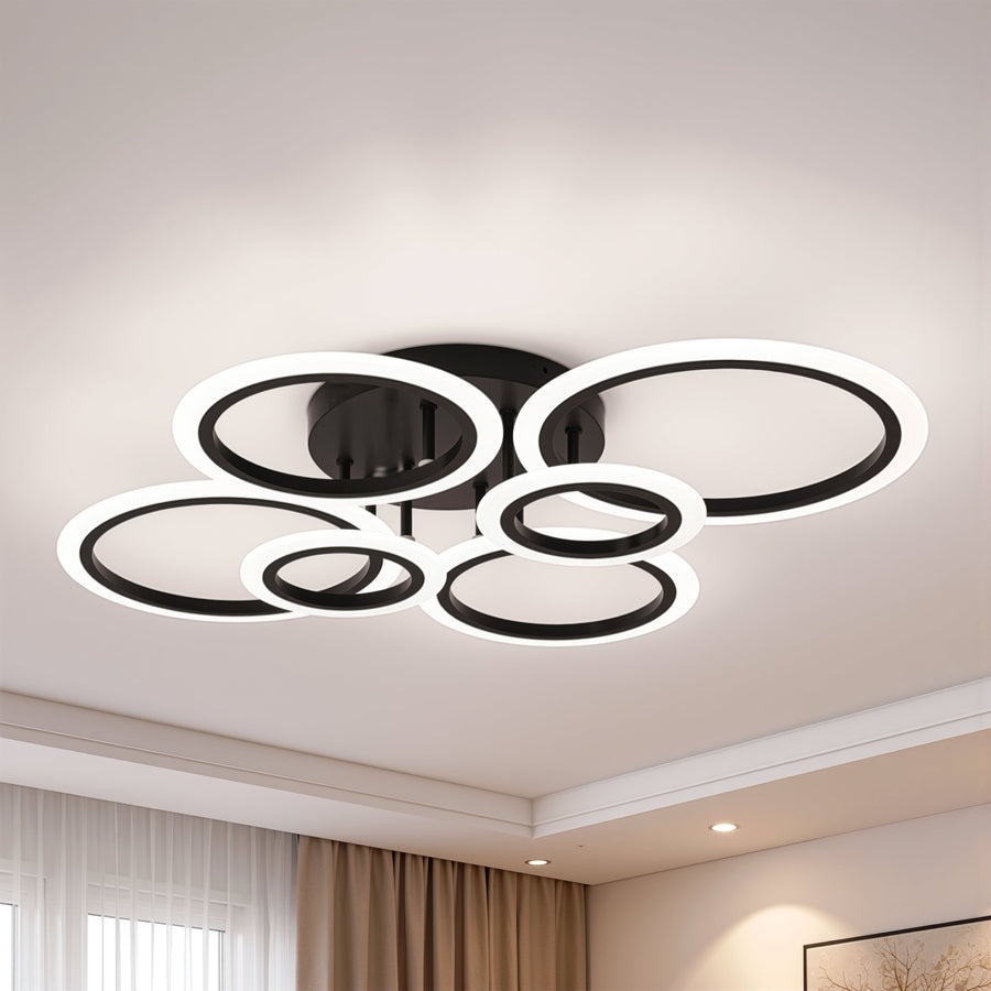 Lustra LED cu telecomanda BETTY 82W, 6 Cercuri, lumina Rece/Calda/Neutra, Dimabila, Negru