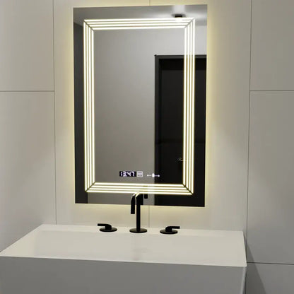 Oglinda LED Rectangulara, 60x80cm, Venezia Senzor MotionGlow Marcello, Sistem Dezaburire, Ceas & Termometru, Dimabila, Lumina Calda Neutra Rece 3000K/4000K/6000K