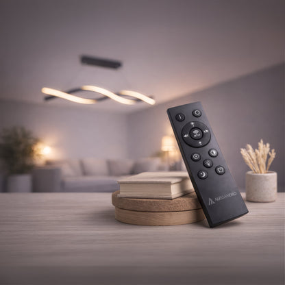 Lustra LED Suspendata cu Telecomanda, FLUX, 27W, 116cm, Lumina Rece/Calda/Neutra 3000K/4000K/6000K, Dimabila, Negru, Inaltime Reglabila, Metal si Silicon