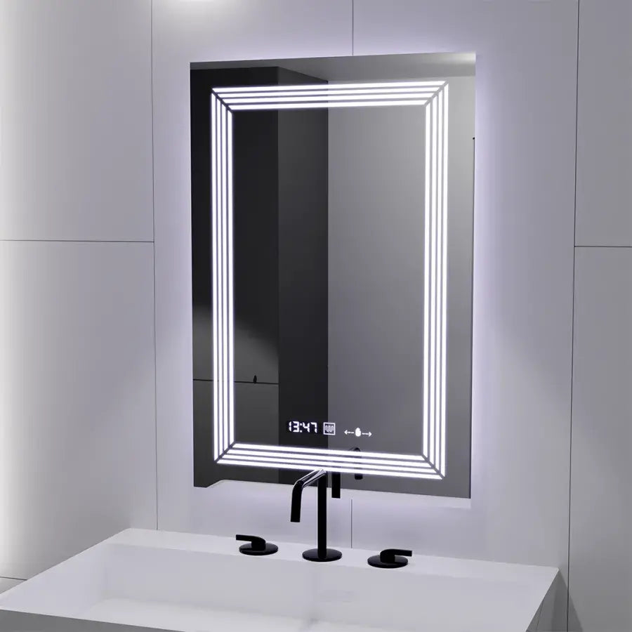 Oglinda LED Rectangulara, 60x80cm, Venezia Senzor MotionGlow Marcello, Sistem Dezaburire, Ceas & Termometru, Dimabila, Lumina Calda Neutra Rece 3000K/4000K/6000K