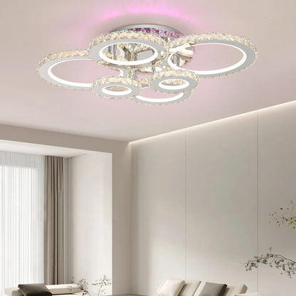 Lustra LED cu telecomanda si cristal NOVA ROTONDA RGB 144W, 6 Cercuri, lumina Rece/Calda/Neutra, Dimabila, Crom Lucios