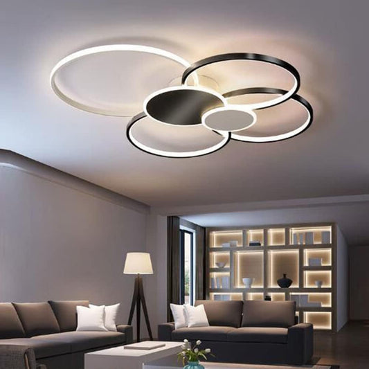 Lustra LED cu Telecomanda, KILLIAN, 74W, 6 Cercuri, Lumina Rece/Calda/Neutra 3000K/4000K/6000K, Dimabila, Negru si Alb, Metal si Acril