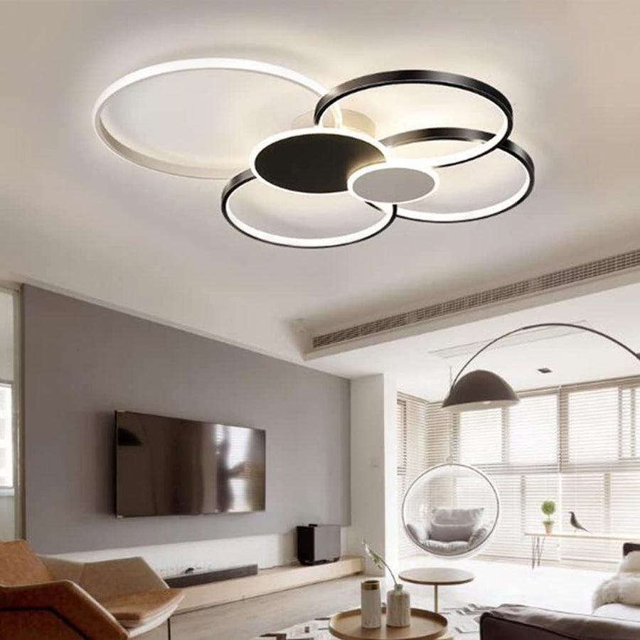 Lustra LED cu Telecomanda, KILLIAN, 74W, 6 Cercuri, Lumina Rece/Calda/Neutra 3000K/4000K/6000K, Dimabila, Negru si Alb, Metal si Acril