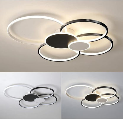 Lustra LED cu Telecomanda, KILLIAN, 74W, 6 Cercuri, Lumina Rece/Calda/Neutra 3000K/4000K/6000K, Dimabila, Negru si Alb, Metal si Acril