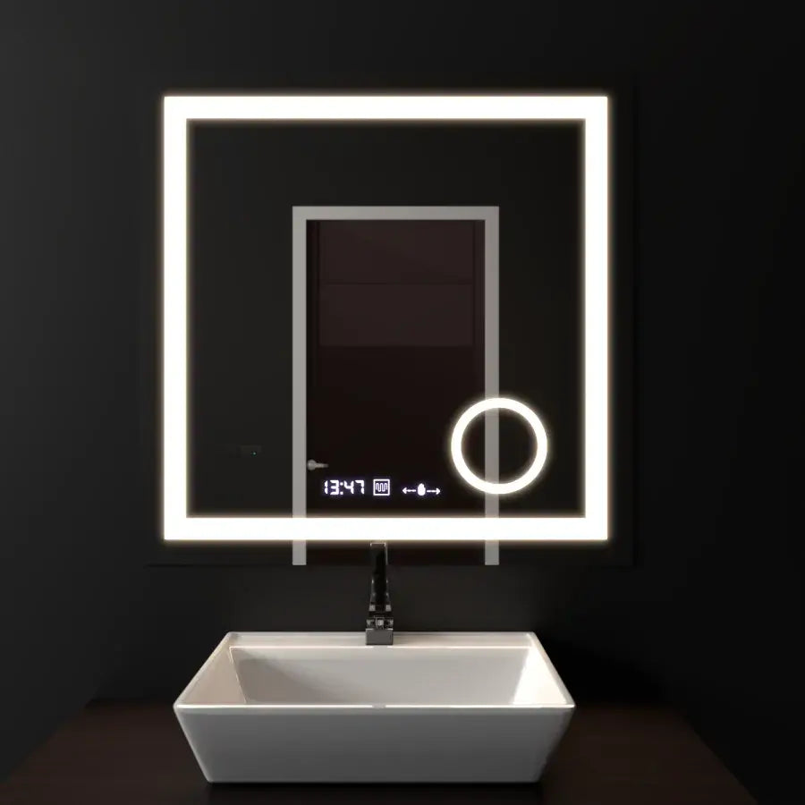 Oglinda LED Rectangulara, 60x60cm, Souverain MotionGlow Marcello, Sistem Dezaburire, Ceas & Termometru, Lupa Cosmetica, Dimabila