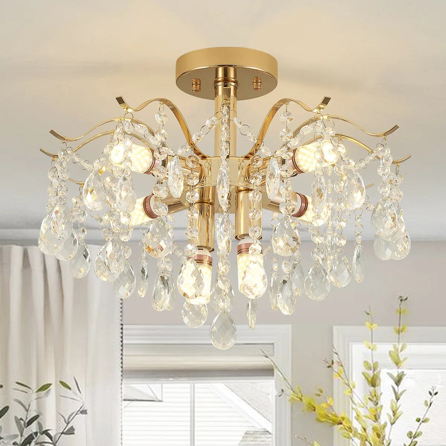 Candelabru Cristal Fiamma, 6x E14, Diametru 45cm, Auriu, Metal si Cristal