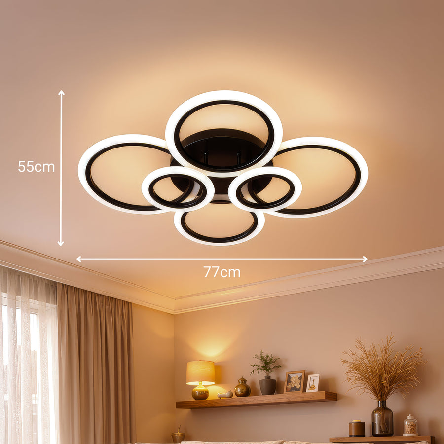 Lustra LED cu telecomanda BETTY 82W, 6 Cercuri, lumina Rece/Calda/Neutra, Dimabila, Negru