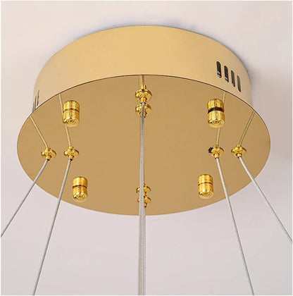 Lustra LED cu Telecomanda, LLC132/300+500GD, Cristal si Metal, 48W, 2 Cerc, Dimabila, Inaltime Reglabila, Lumina Rece/Calda/Neutra 3000K/4000K/6000K, Iluminat Luxos,