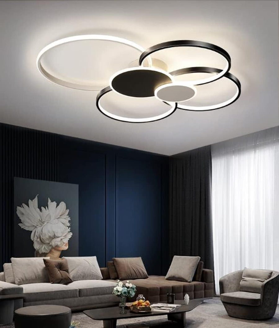 Lustra LED cu Telecomanda, KILLIAN, 74W, 6 Cercuri, Lumina Rece/Calda/Neutra 3000K/4000K/6000K, Dimabila, Negru si Alb, Metal si Acril