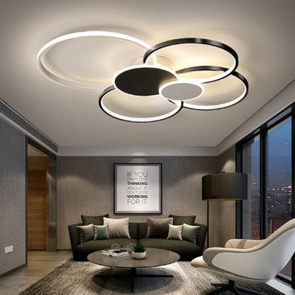 Lustra LED cu Telecomanda, KILLIAN, 74W, 6 Cercuri, Lumina Rece/Calda/Neutra 3000K/4000K/6000K, Dimabila, Negru si Alb, Metal si Acril