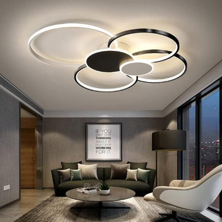 Lustra LED cu Telecomanda, KILLIAN, 74W, 6 Cercuri, Lumina Rece/Calda/Neutra 3000K/4000K/6000K, Dimabila, Negru si Alb, Metal si Acril