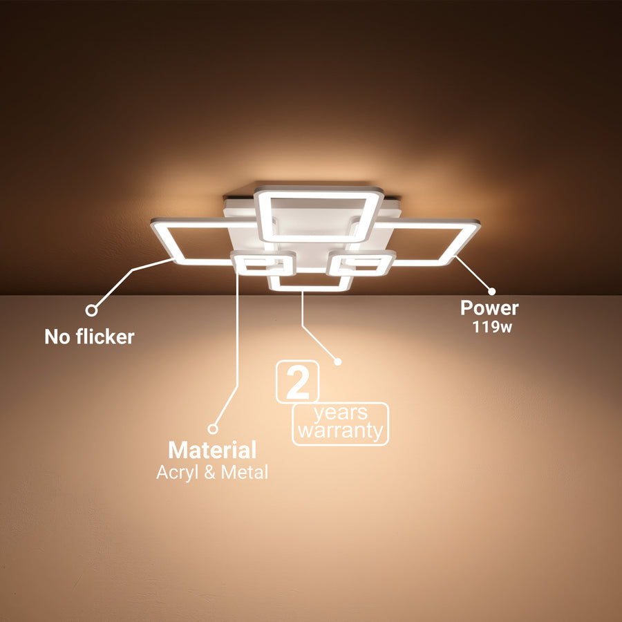 Lustra LED cu telecomanda ELLA 119W, 6 Patrate, lumina Rece/Calda/Neutra, Dimabila, Alb