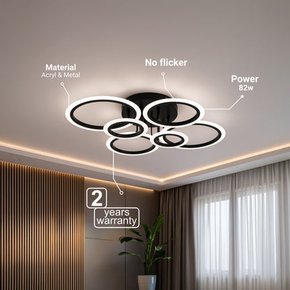 Lustra LED cu telecomanda BETTY 82W, 6 Cercuri, lumina Rece/Calda/Neutra, Dimabila, Negru