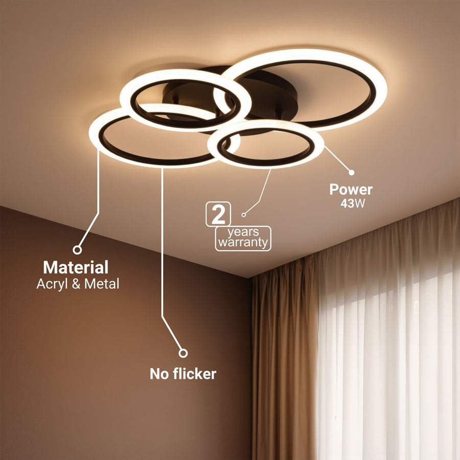 Lustra LED cu telecomanda BETTY 43W, 4 Cercuri, lumina Rece/Calda/Neutra, Dimabila, Negru