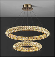 Lustra LED cu Telecomanda, LLC132/300+500GD, Cristal si Metal, 48W, 2 Cerc, Dimabila, Inaltime Reglabila, Lumina Rece/Calda/Neutra 3000K/4000K/6000K, Iluminat Luxos,