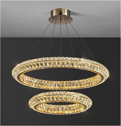 Lustra LED cu Telecomanda, LLC132/300+500GD, Cristal si Metal, 48W, 2 Cerc, Dimabila, Inaltime Reglabila, Lumina Rece/Calda/Neutra 3000K/4000K/6000K, Iluminat Luxos,
