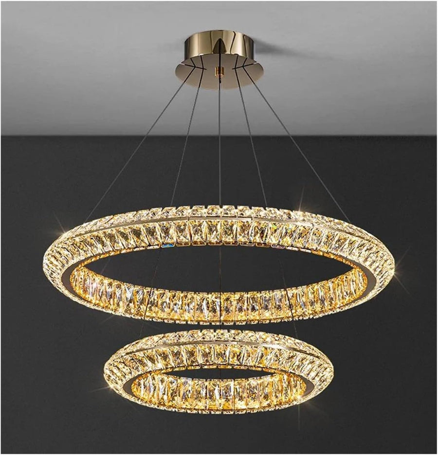 Lustra LED cu Telecomanda, LLC132/300+500GD, Cristal si Metal, 48W, 2 Cerc, Dimabila, Inaltime Reglabila, Lumina Rece/Calda/Neutra 3000K/4000K/6000K, Iluminat Luxos,
