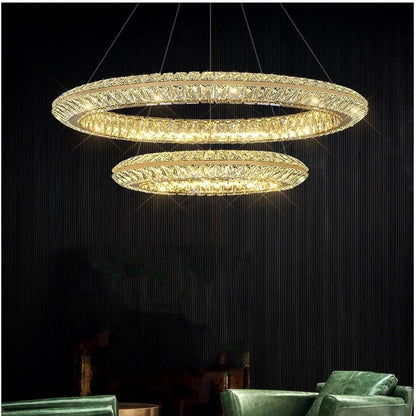 Lustra LED cu Telecomanda, LLC132/300+500GD, Cristal si Metal, 48W, 2 Cerc, Dimabila, Inaltime Reglabila, Lumina Rece/Calda/Neutra 3000K/4000K/6000K, Iluminat Luxos,