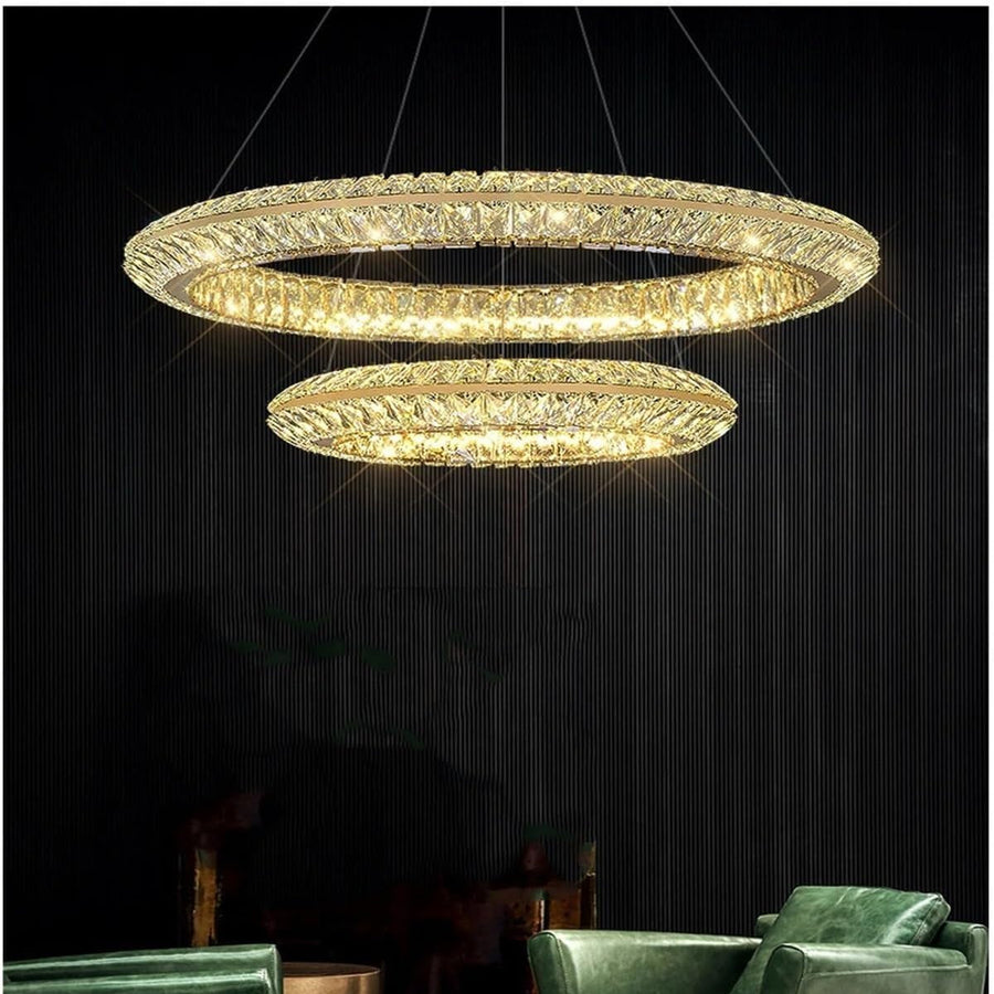 Lustra LED cu Telecomanda, LLC132/300+500GD, Cristal si Metal, 48W, 2 Cerc, Dimabila, Inaltime Reglabila, Lumina Rece/Calda/Neutra 3000K/4000K/6000K, Iluminat Luxos,