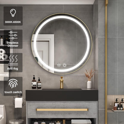 Oglinda LED cu Dulap, Rotunda, 50x50cm, Dezaburire, Rama Neagra, Spatiu de Depozitare