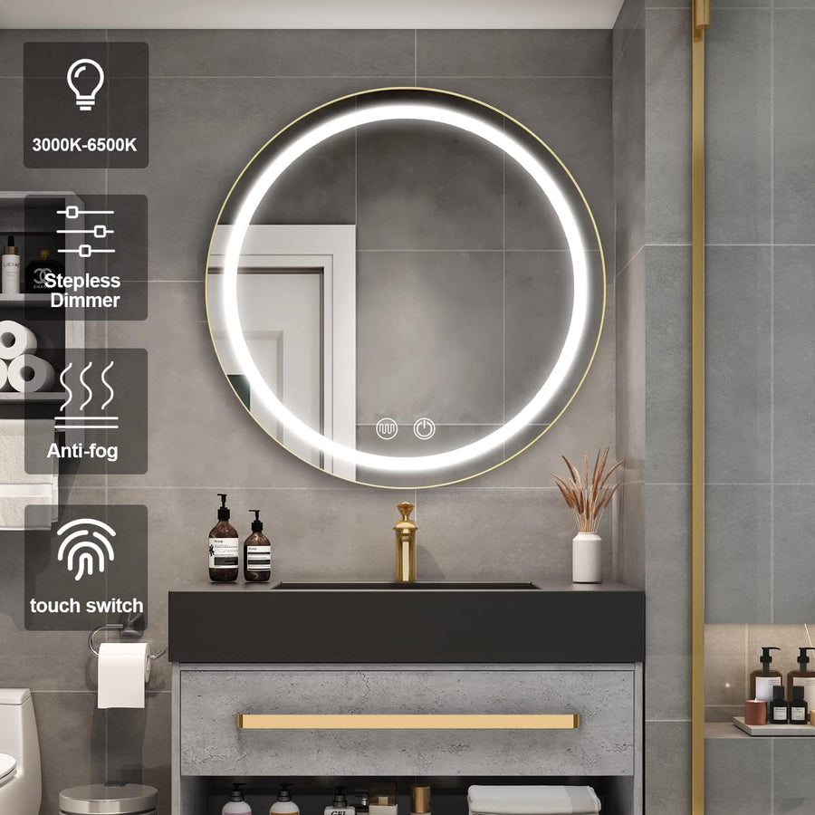 Oglinda LED cu Dulap, Rotunda, 50x50cm, Dezaburire, Rama Neagra, Spatiu de Depozitare