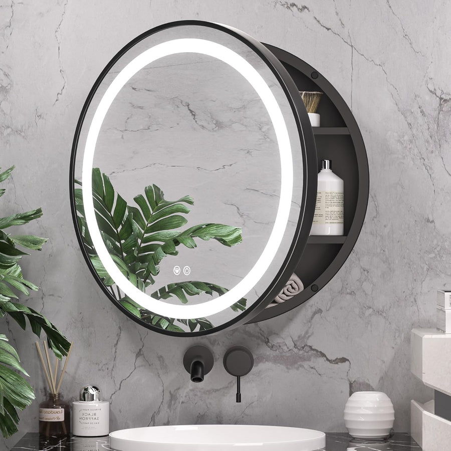 Oglinda LED cu Dulap, Rotunda, 50x50cm, Dezaburire, Rama Neagra, Spatiu de Depozitare