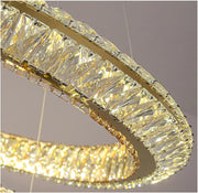 Lustra LED cu Telecomanda, LLC132/300+500GD, Cristal si Metal, 48W, 2 Cerc, Dimabila, Inaltime Reglabila, Lumina Rece/Calda/Neutra 3000K/4000K/6000K, Iluminat Luxos,