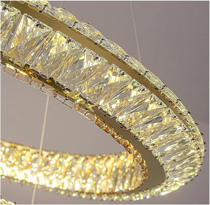 Lustra LED cu Telecomanda, LLC132/900X300GD, Cristal si Metal, 39W, 1 Cerc, Dimabila, Inaltime Reglabila, Lumina Rece/Calda/Neutra, Iluminat Luxos