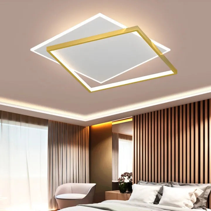 Lustra LED cu telecomanda SOLARA 66W, 2 Patrate, lumina Rece/Calda/Neutra, Dimabila, Auriu Alb