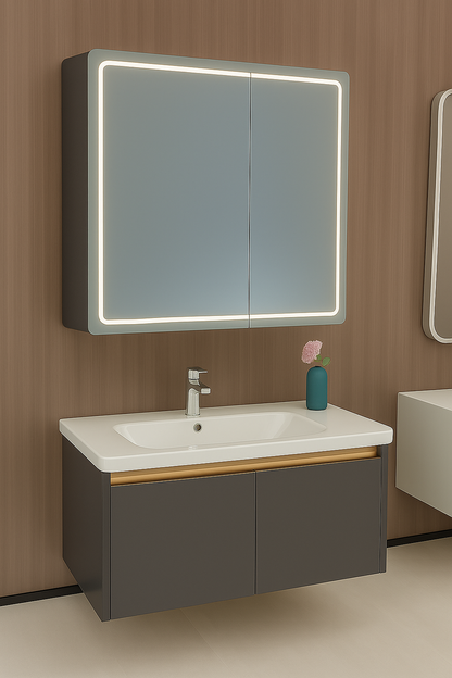 Oglinda LED cu Dulap de Baie si Lavoar Suspendat, 80x60 cm, Design Modern, Iluminare Integrata