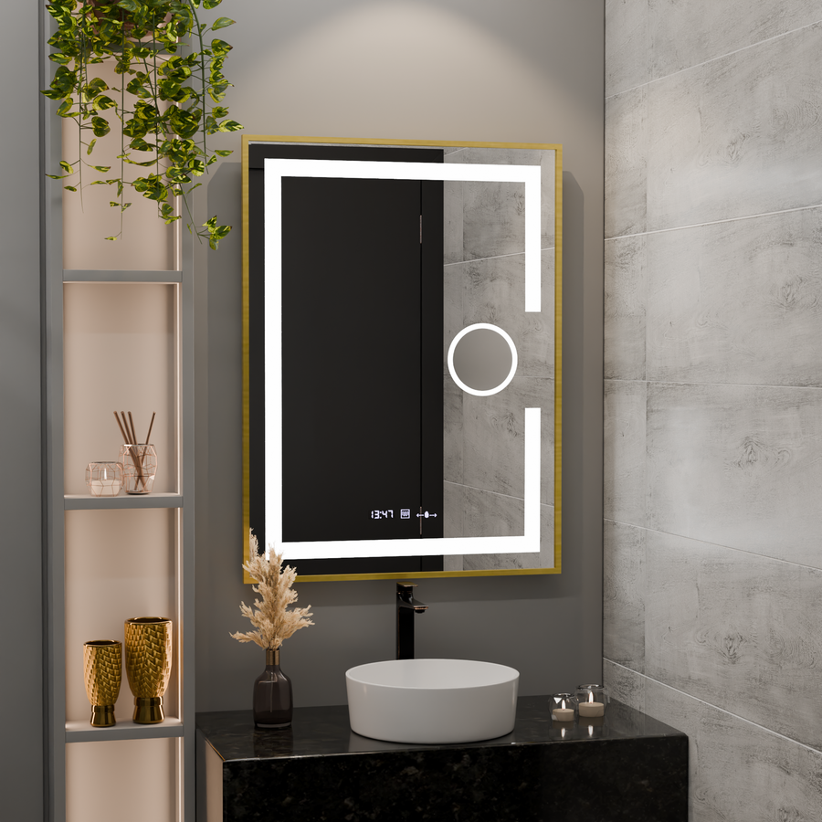 Oglinda LED Rectangulara, 60x80cm, Eclat MotionGlow Marcello, Sistem Dezaburire, Ceas & Termometru, Lupa Cosmetica, Dimabila, Rama Auriu Brushed