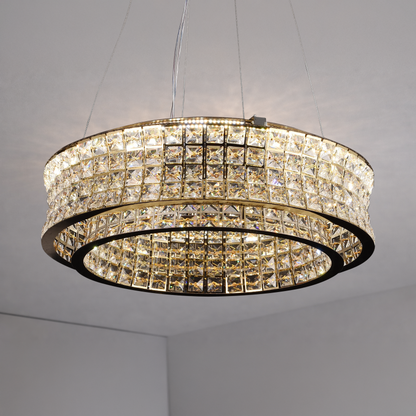 Lustra LED cu Telecomanda,LLC160/500GD, Cristal si Metal, 55W, Dimabila, Inaltime Reglabila, Lumina Rece/Calda/Neutra, Iluminat Luxos