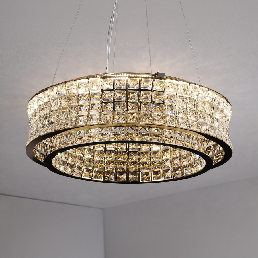 Lustra LED cu Telecomanda,LLC160/500GD, Cristal si Metal, 55W, Dimabila, Inaltime Reglabila, Lumina Rece/Calda/Neutra, Iluminat Luxos