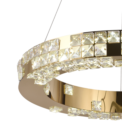Lustra LED cu Telecomanda, LLC135/1GD, Cristal si Metal, 29W, 1 Cerc, Dimabila, Inaltime Reglabila, Lumina Rece/Calda/Neutra, Iluminat Luxos