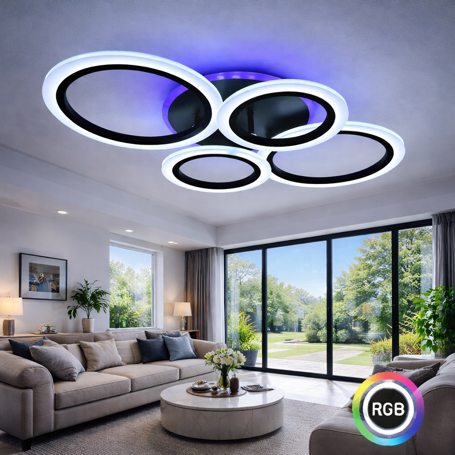 Lustra LED cu telecomanda BETTY 41W, 4 Cercuri, lumina Rece/Calda/Neutra/RGB, Dimabila, Negru