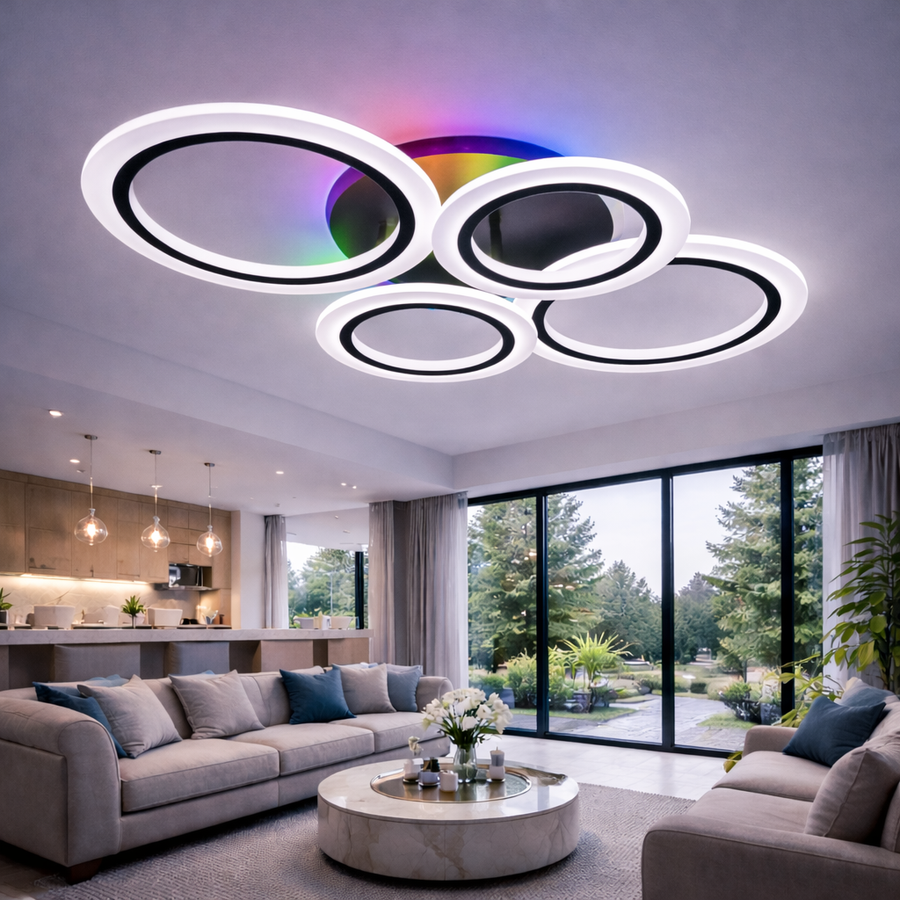 Lustra LED cu telecomanda BETTY 41W, 4 Cercuri, lumina Rece/Calda/Neutra/RGB, Dimabila, Negru