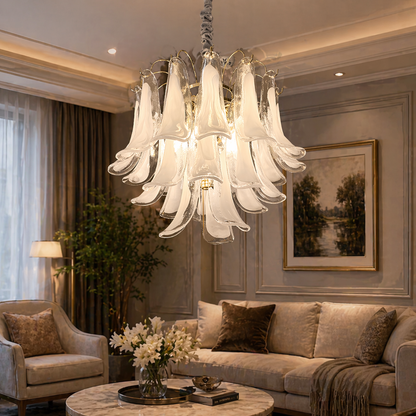 Candelabru Cristal MURANO Eleganza 4xE14, D50 cm, Alb, Inaltime Reglabila, Metal si Cristal